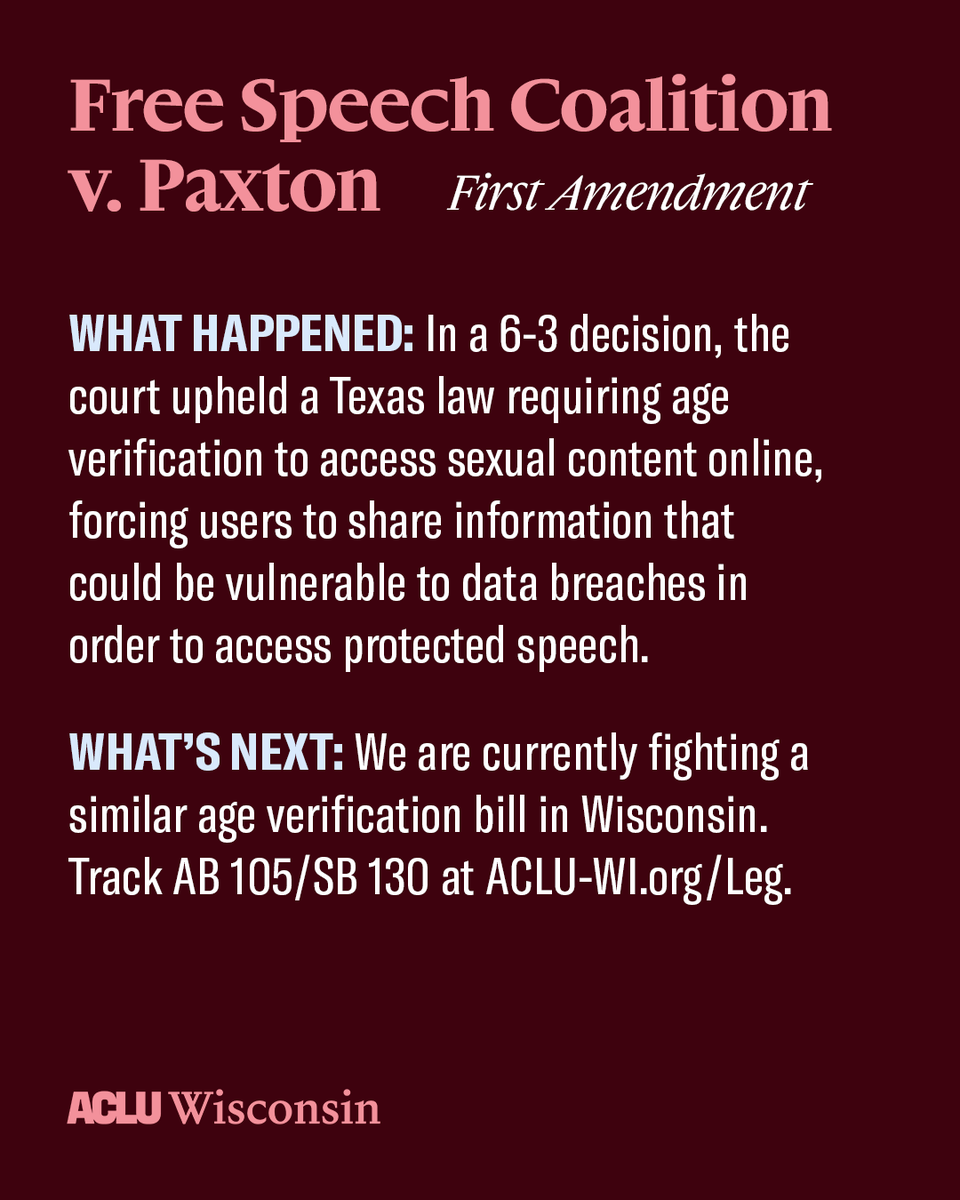 ACLUofWisconsin's tweet image. We won't mince words: SCOTUS issued some devastating decisions this term.
From digital censorship to gender-affirming care bans, here's some key takeaways from cases impacting civil rights and liberties.
aclu-wi.org/en/news/takeaw…