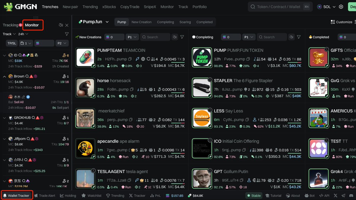gmgnai's tweet image. 🌈 GMGN Update

1. Let&apos;s Cooking 
- Pair X Tracker with real-time trends to create your own tokens on Pump and Bonk

2. Pump Live Channel 
- New live channel with quick previews and one-click access to Pump live from Trenches &amp;amp; token pages

3. Watchlist / Holding supports top bar…
