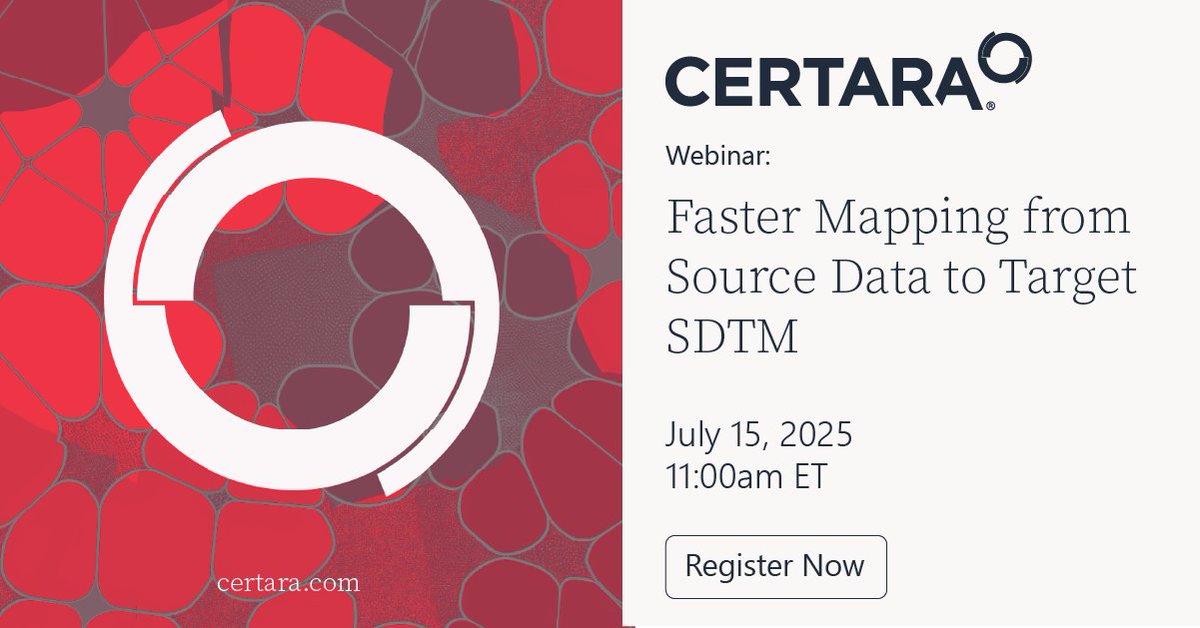 📢 Last chance to register!

Still using spreadsheets for SDTM mapping? Discover how automation improves speed, quality &amp; compliance.

📅 Date: Tuesday, July 15th 
⏰ Time: 11:00 AM ET 

Don't miss out! Register now: certara.com/webinar/faster…

#CDISC #SDTM #ClinicalData