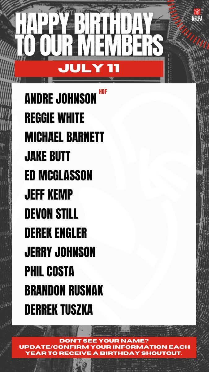 NFLPA Former Players (@nflpafmrplayers) on Twitter photo Wishing you the happiest of birthdays! <a href="/rwhiteosu/">Reggie White</a> <a href="/mjbarnettjr/">Mike B</a> <a href="/Jbooty88/">Jake Butt</a>
<a href="/EdMcGlasson/">The Father Difference</a> <a href="/jeffkempteam/">Jeff Kemp</a> @Dev_Still71 <a href="/dengler691/">Derek Engler</a> <a href="/CoachSnacks90/">Jerry Johnson</a> <a href="/johnson80/">Andre Johnson</a> Wishing you the happiest of birthdays! <a href="/rwhiteosu/">Reggie White</a> <a href="/mjbarnettjr/">Mike B</a> <a href="/Jbooty88/">Jake Butt</a>
<a href="/EdMcGlasson/">The Father Difference</a> <a href="/jeffkempteam/">Jeff Kemp</a> @Dev_Still71 <a href="/dengler691/">Derek Engler</a> <a href="/CoachSnacks90/">Jerry Johnson</a> <a href="/johnson80/">Andre Johnson</a>