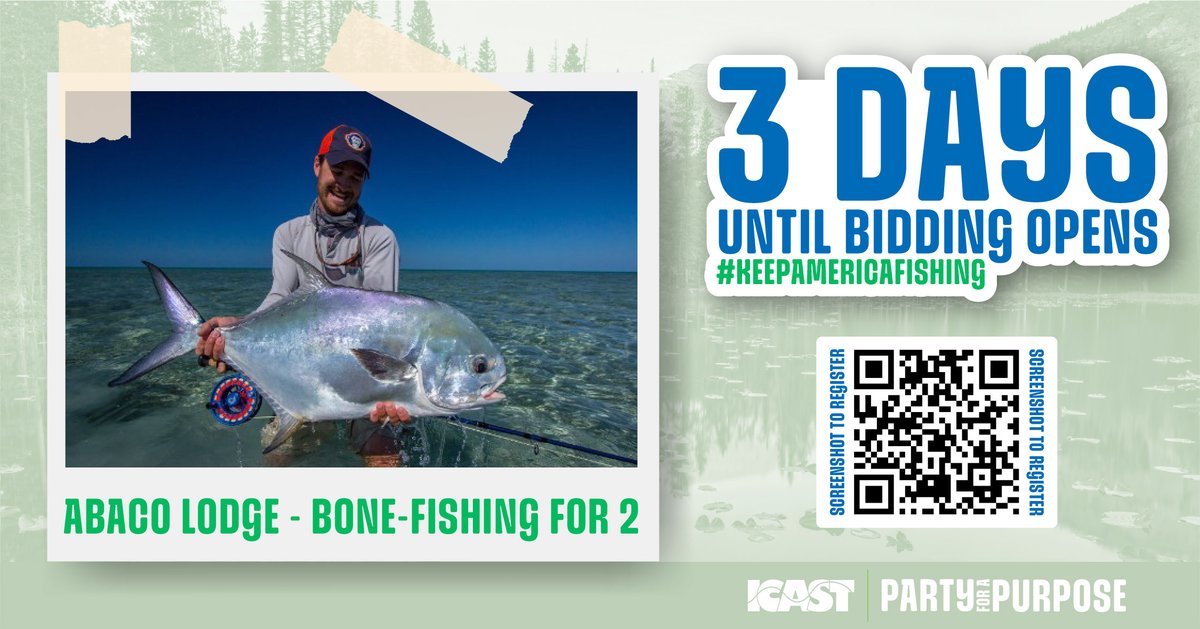 ASAFishing's tweet image. In 3 days you can start bidding on an exclusive bone fishing trip for 2 at the Abaco Lodge on the Eastern edge of Grand Bahama Island. Cast your support and fight for your right to fish and #KeepAmericaFishing
bit.ly/4lzPNYg
#ICAST2025 | #ICAST | #ICASTSHOW
