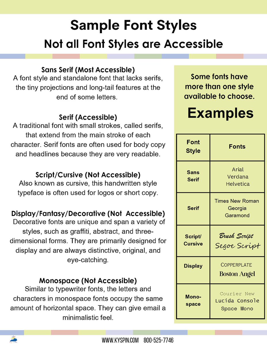 kyspininc's tweet image. Choosing easy-to-read fonts and high-contrast colors improves readability for people with low vision or dyslexia. Small design tweaks can make a big difference for accessibility! 💡kyspin.com/wp-content/upl…  #DesignForInclusion #AccessibleDesign