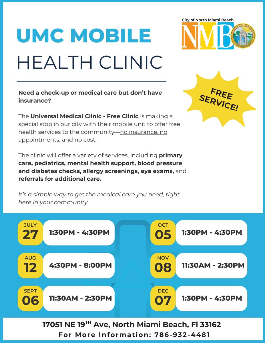 CityNMB's tweet image. Need care but no insurance?
The Universal Medical Clinic is coming to North Miami Beach on July 27th with free health services. No cost, no insurance, no appointment.
📅 Clinics run monthly through December.
✅ Get the care you need right here in your neighborhood.