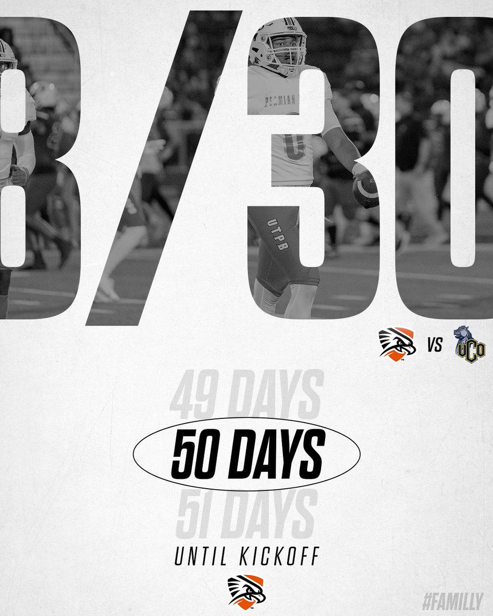 utpbfalcons's tweet image. Just 50 days stand between us and kickoff.
August 30. UTPB vs UCO. Be there. 🟧⬛
#50Days #FalconFootball #FAMILLY #1And0Brotherhood