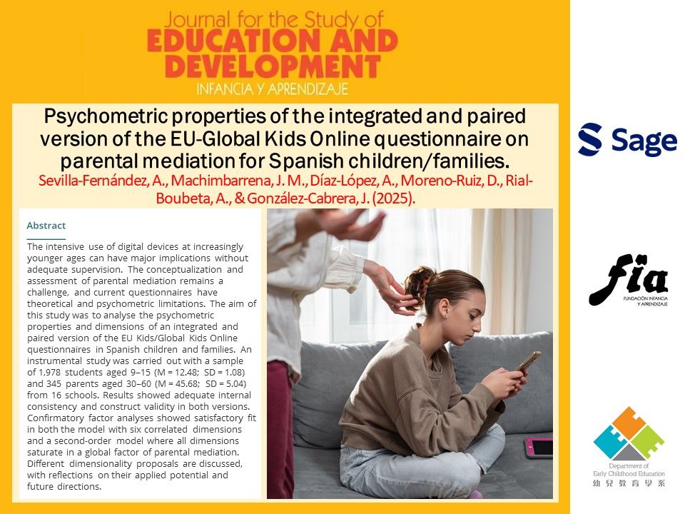 "Psychometric properties of the integrated and paired version of the EU-Global Kids Online questionnaire on parental mediation for Spanish children/families“
doi.org/10.1177/021037…

By Antonio Sevilla-Fernández et al

#education #development #research #parentalmediation #parents