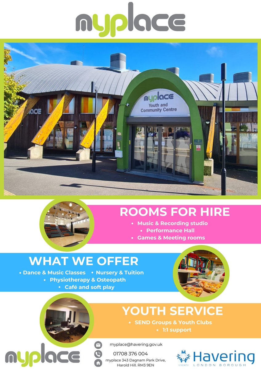 Looking for a space to hold an event? 

 MyPlace has lots of great facilities for you!  

View our premises via our Facebook page that has 360 degree images as a pinned post: facebook.com/myplaceRM3