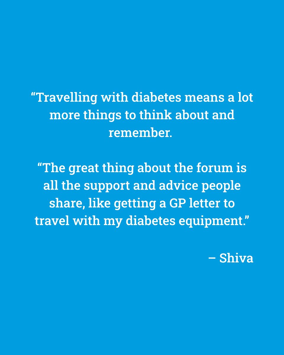 DiabetesUK's tweet image. Earlier we shared some advice for travelling with diabetes... there is also support available on our Online Forum ✈️
Take a look at what some users had to say about the support they received ahead of travelling👇
Read more about our Online Support Forum: orlo.uk/online-forum_A…
