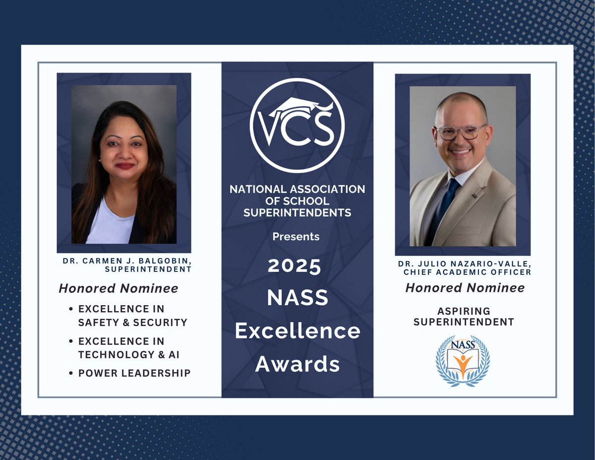 Celebrating two outstanding leaders for being recognized by <a href="/NASStoday/">NASStoday</a> for the Leadership Excellence Recognition Program!

<a href="/SuptBalgobinVCS/">Dr. Carmen Balgobin</a>: Nominated in Safety, Tech &amp; AI, and Power Leadership
<a href="/DrValleJ/">Dr. Julio Nazario-Valle</a>: Nominated as Aspiring Superintendent!
Thank you for leading with service!