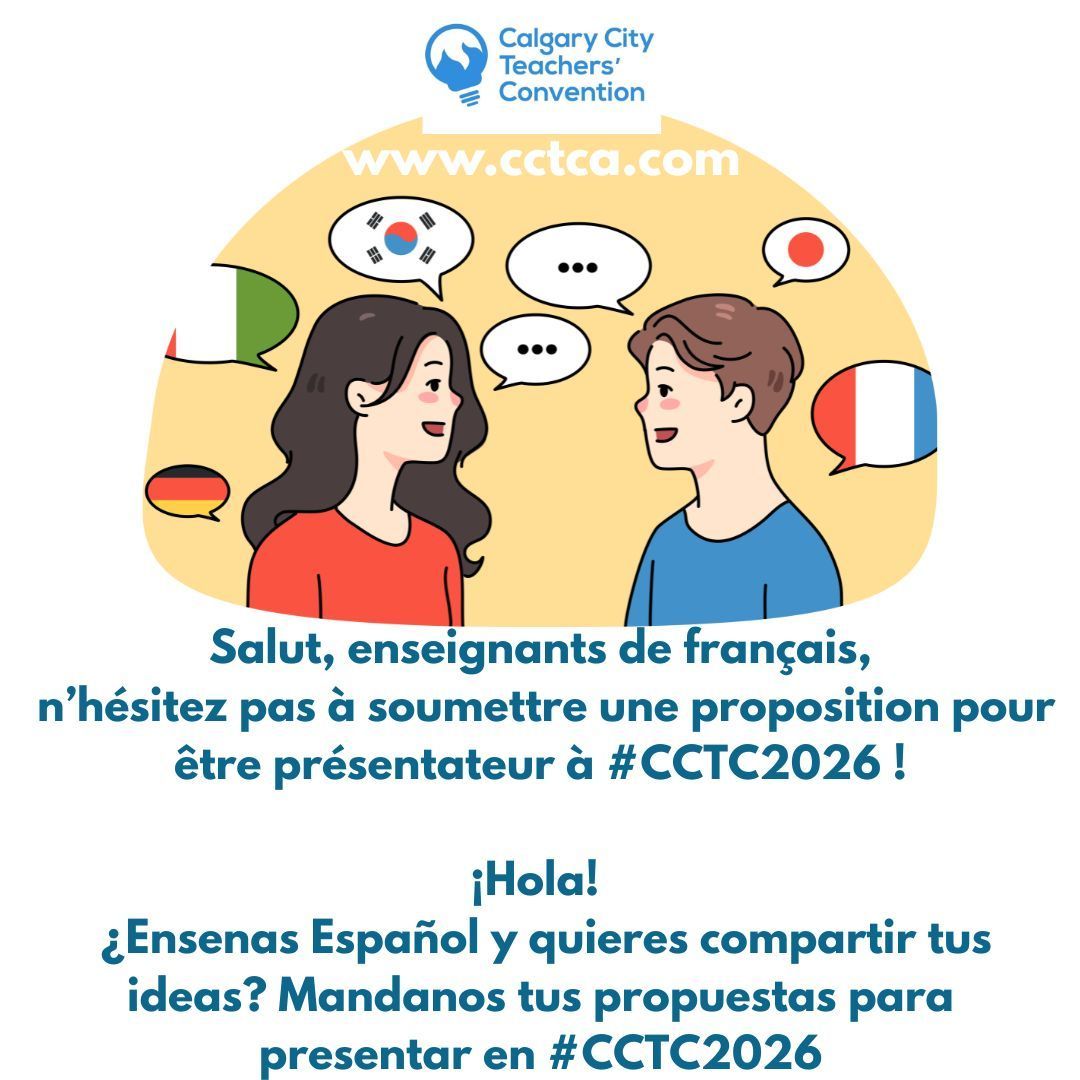 CCTCA (@cctca) on Twitter photo Language Teachers, we need you!  Apply now to present at the Calgary City Teachers' Convention. #FrenchTeachers #SpanishTeachers #CalgaryTeachers #LanguageTeachers #CCTC2026 Language Teachers, we need you!  Apply now to present at the Calgary City Teachers' Convention. #FrenchTeachers #SpanishTeachers #CalgaryTeachers #LanguageTeachers #CCTC2026