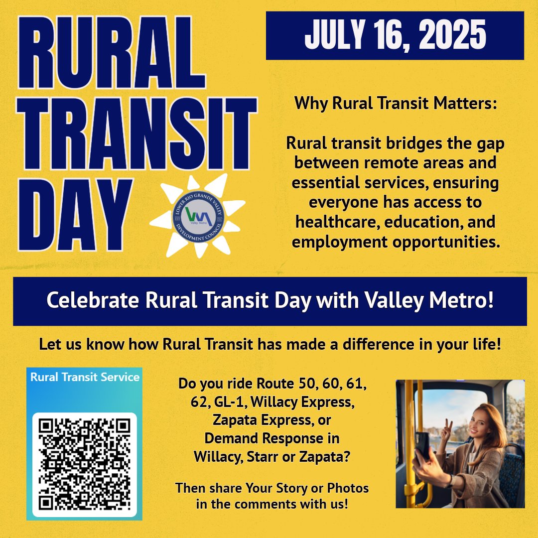 ValleyMetroRGV's tweet photo. 🚍 Rural Transit Day is almost here! Just 5 days to go 🎉
Valley Metro celebrates the impact of transit in rural communities — and we want to hear from YOU 💬
📲 Share your story: https://t.co/zkJOPOqOKS
#RuralTransitDay #RideValleyMetro #ConnectingCommunities #YourTransitStory https://t.co/CeguBQef1V