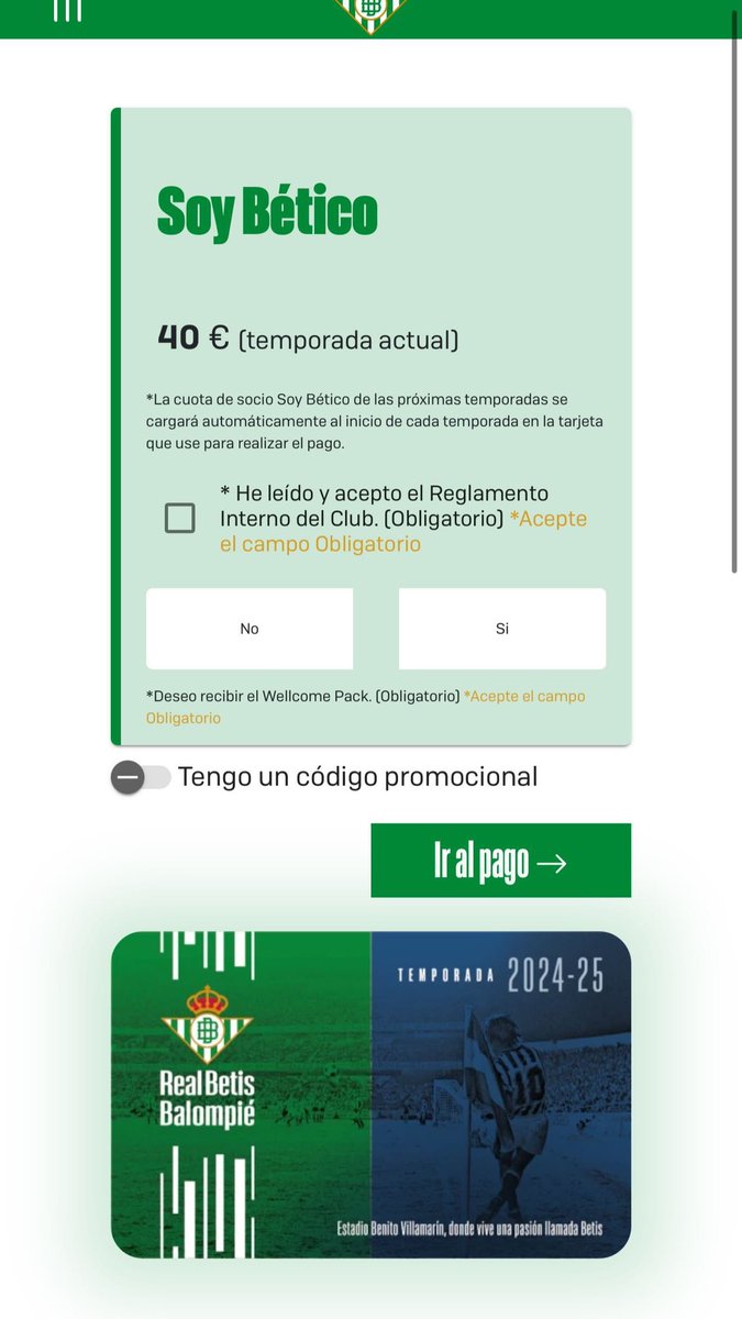 Buenas, familia. Me dicen que al pagar para hacerse nuevo socio Soy Bético sale lo de temporada 24/25. ¿Sabéis si pagando es para la 25/26 o aún e como pone para la 24/25? #Betis
