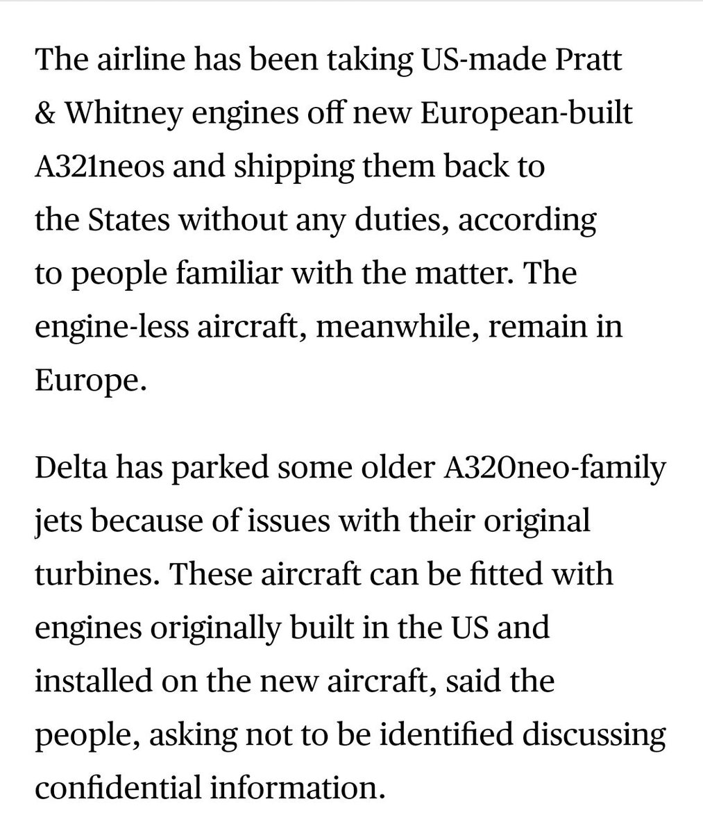 Classic example of (costly/absurd) tariff avoidance: 

Delta is stripping out US-made engines from new Airbus jets in Europe and then installing them in grounded, US-based planes - all to avoid Trump's tariffs. bloomberg.com/news/articles/…