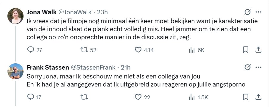 Het is een misverstand dat dit collega's zijn van Jona Walk. Collega's vallen je niet in de rug aan.

Dit zijn factcheckers. Die komen in actie als narratieven worden bedreigd. Zoals het narratief dat de mRNA prikken tegen COVID-19 veilig en effectief waren. 

De tactieken van