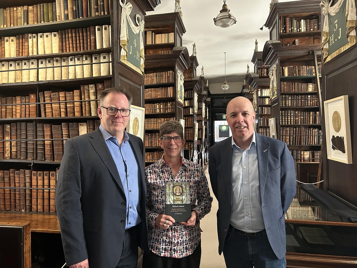 MarshsLibrary's tweet image. At the launch of Prof Lee Morrissey's book 'Milton's Ireland' in Marsh's Library on 8 July were the author (left), Prof Danielle Clarke (centre) & Dr Jason McElligott (right). #CambridgeCore Find out more about the book here: cambridge.org/core/books/mil…