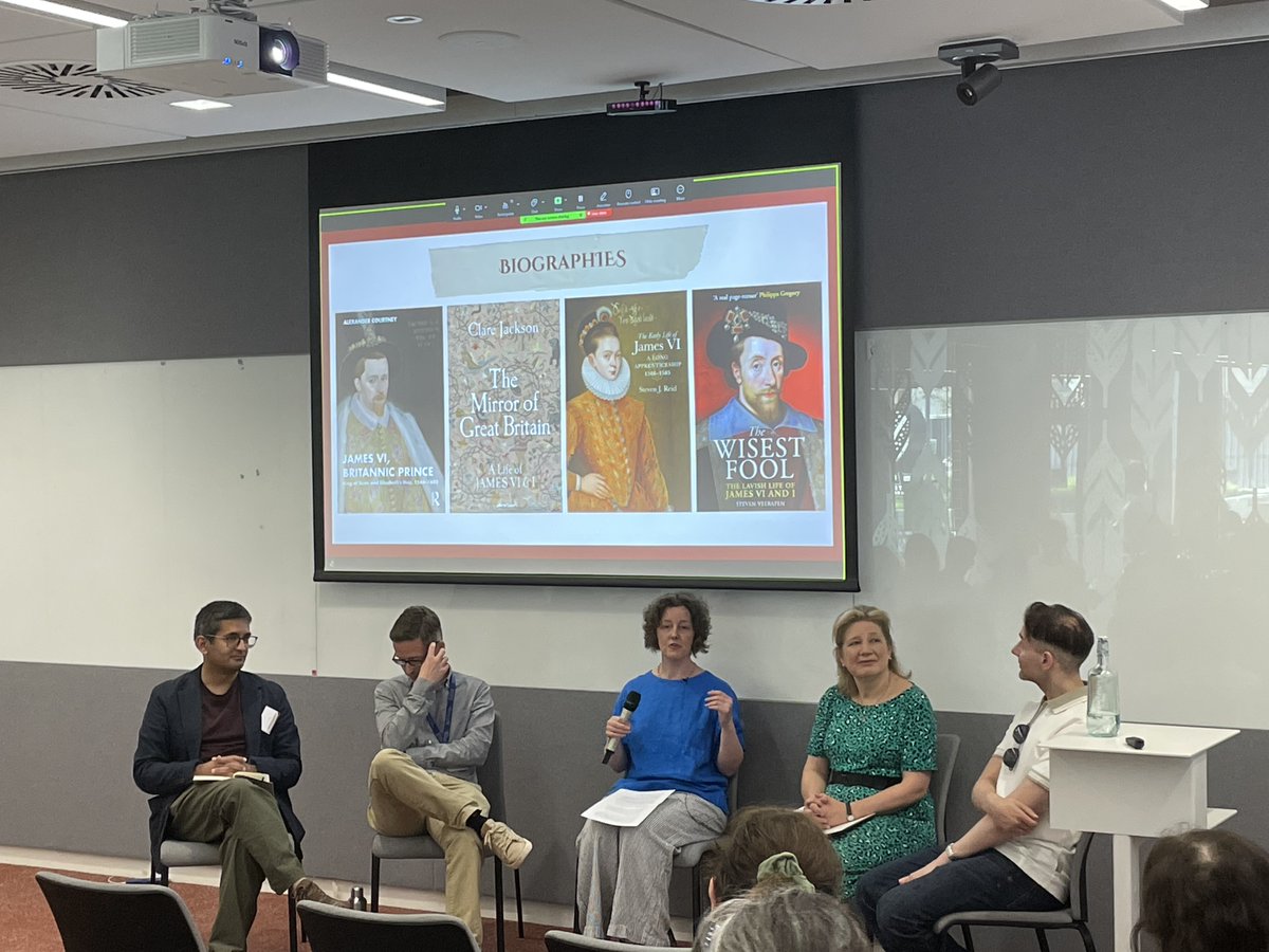 KingJamesConf's tweet image. Finally, we have the Biographers Roundtable.
Laura Stewart talks with Alex Courtney, Steven Reid, Clare Jackson and Steven Veerapen about what inspired them to write about King James, how they feel about the man himself, and how they see scholarship moving forward…