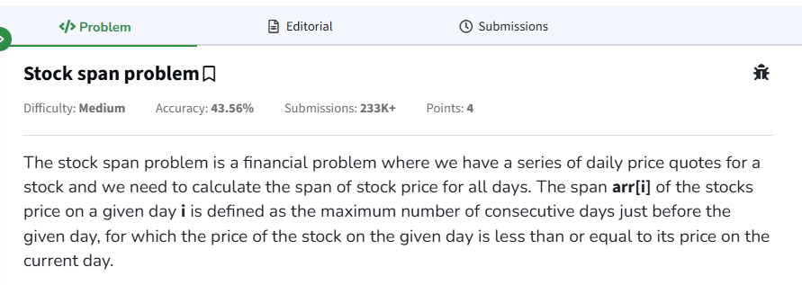 Sheetal Bajaj (@sheetal_11) on Twitter photo 🚀Day 102 of #gfg160 Challenge!
Solving problems from the GfG 160 Series !
🛠Solved Problem: "Stock span problem".
Excited to continue this journey ➿🤞
<a href="/geeksforgeeks/">GeeksforGeeks</a>
#geekstreak2025 🚀Day 102 of #gfg160 Challenge!
Solving problems from the GfG 160 Series !
🛠Solved Problem: "Stock span problem".
Excited to continue this journey ➿🤞
<a href="/geeksforgeeks/">GeeksforGeeks</a>
#geekstreak2025