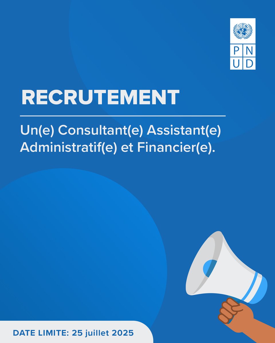 PNUDMALI's tweet image. Le @PNUDMALI recrute un(e) Consultant(e) Assistant(e) Administratif(ve) et Financier(e).
Lieu 📌: Bamako, Mali
Date limite 📅: 25 juillet 2025
Postulez ici 👉: procurement-notices.undp.org/view_negotiati…