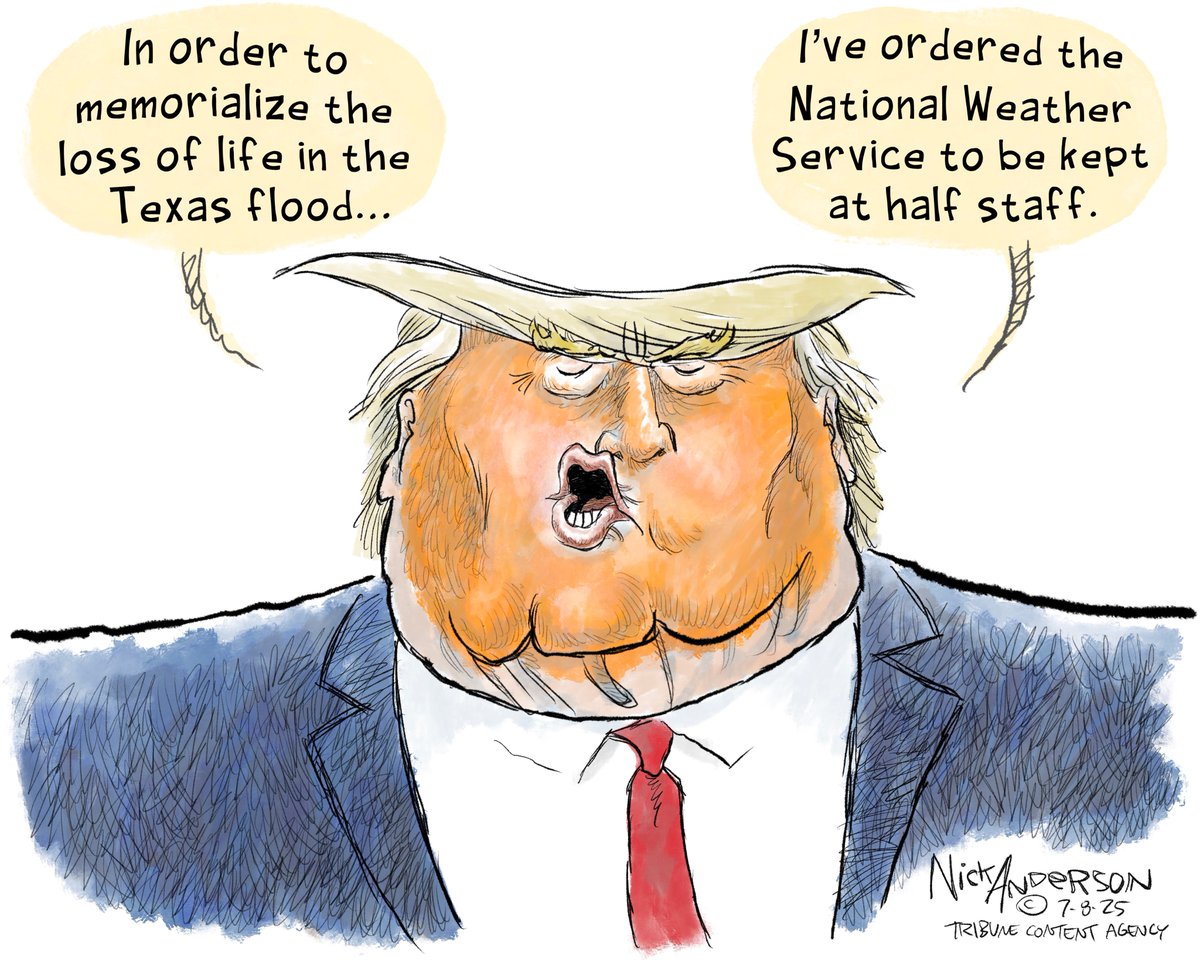 rogerledbette11's tweet image. TX flood death toll is 121 & 170 missing. DJT's responsible.
NOAA predicted flooding but the Warning Coordination Meteorologist (the person who relays disaster warnings 2 local responders) had been forced 2 retire early by DJT & Musk.
Incompetence kills. #DemVoice1 #DemsUnited