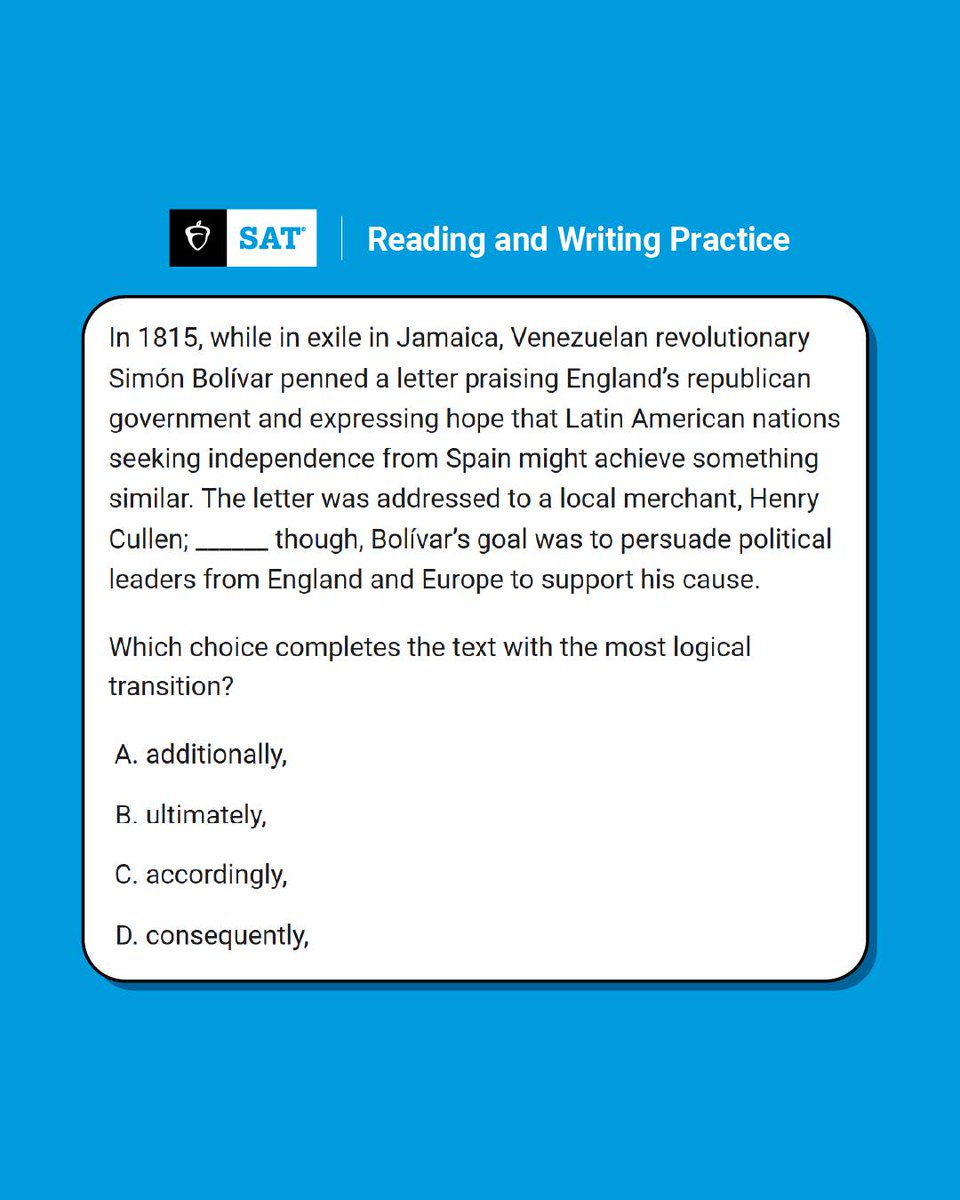 Reply with your answer to this #SATPractice question, and we'll post the right one later today!

✨ Get NEW questions daily, earn badges, gain streaks, and track your stats with the Official SAT Question of the Day: spr.ly/61834I5PD