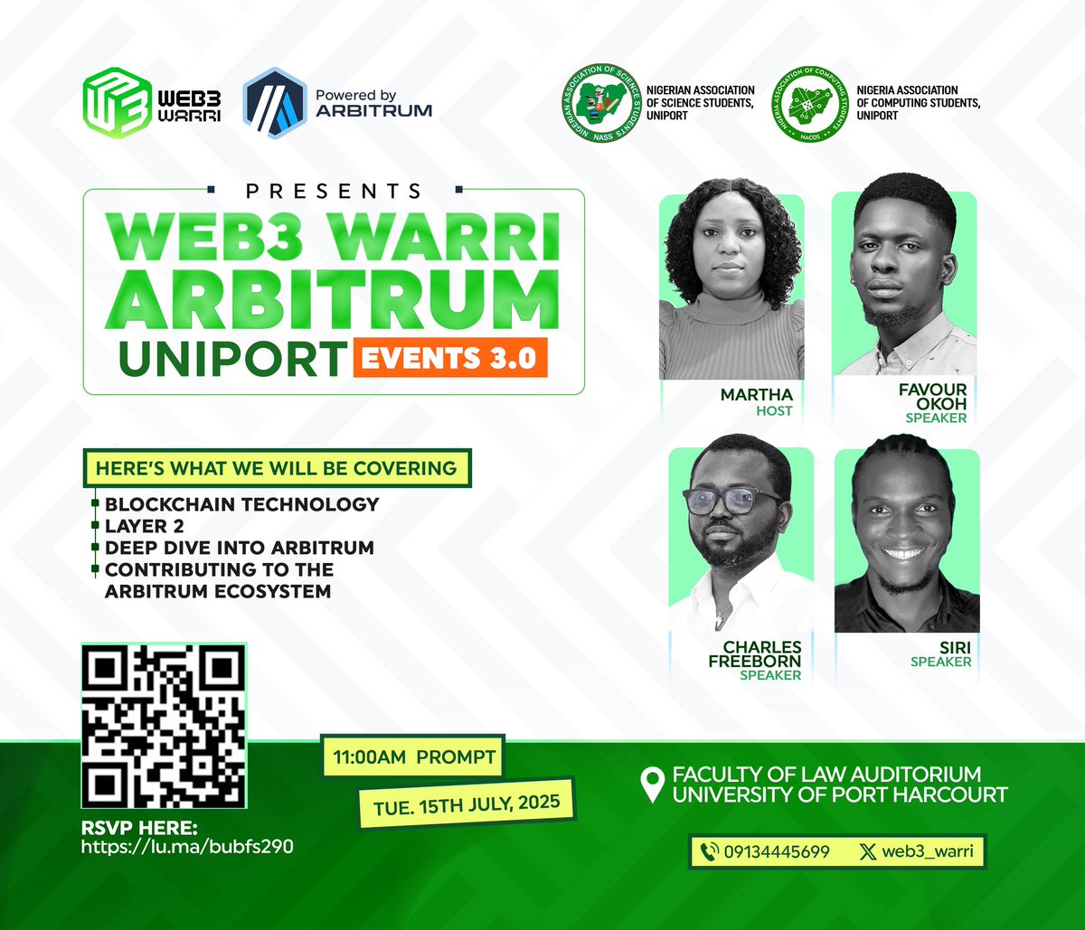 web3 Warri (@web3_warri) on Twitter photo Here are the line up speakers for the web3 Warri <a href="/arbitrum/">Arbitrum</a> university event 3.0 at the University of Port Harcourt
Excited to have <a href="/FreebornMartha/">Martha Omoerherhe Freeborn</a> as HOST/MC
Join us are these amazing speakers <a href="/charliecodes/">Charles Freeborn</a> <a href="/_favourz/">Favour Okoh</a> <a href="/Fembros1/">Samuel (💙,🧡)</a> and Siri
RSVP using lu.ma/bubfs290 Here are the line up speakers for the web3 Warri <a href="/arbitrum/">Arbitrum</a> university event 3.0 at the University of Port Harcourt
Excited to have <a href="/FreebornMartha/">Martha Omoerherhe Freeborn</a> as HOST/MC
Join us are these amazing speakers <a href="/charliecodes/">Charles Freeborn</a> <a href="/_favourz/">Favour Okoh</a> <a href="/Fembros1/">Samuel (💙,🧡)</a> and Siri
RSVP using lu.ma/bubfs290