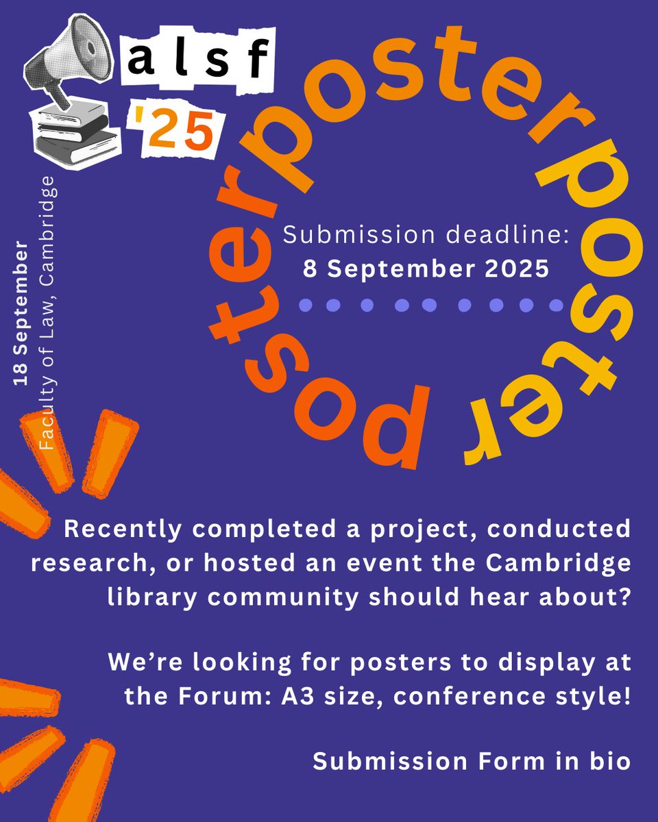 ALSFcam's tweet photo. Tickets are now available for Assistant Library Staff* Forum on 18 September at the Faculty of Law: a day of talks, networking and (most importantly) snacks! 🍰

Submissions are still open for A3-size conference style posters to display at the Forum. Submission form in bio. 📚 https://t.co/qZB1A3aBEX
