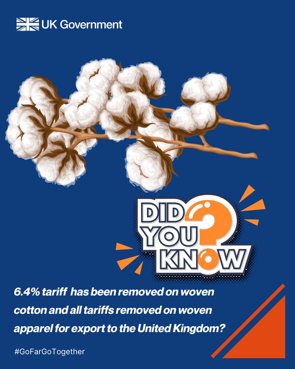 🚨 Did you Know? 🏗️
6.4% tariff has been removed on woven cotton and all tariffs removed on woven apparel for export to the United Kingdom.

To check the new tariff status for your goods, visit 👉rb.gy/tz8aie
#GrowUKNG #BetaTradeUKNG