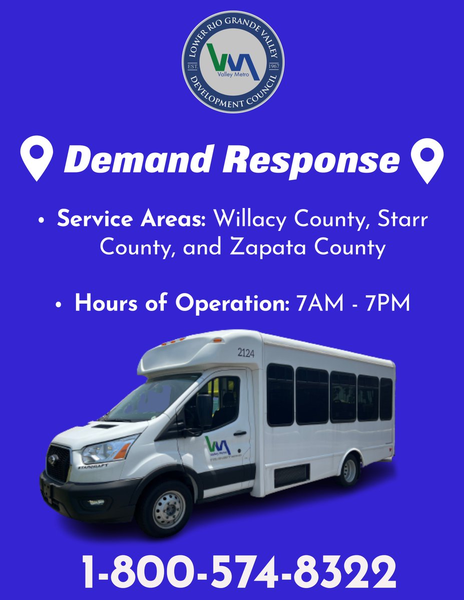 ValleyMetroRGV's tweet image. 🚐 Need a ride in Willacy, Zapata, or Starr County?
Valley Metro’s Demand Response service runs Mon–Fri, 7AM–7PM — perfect for errands, appointments &amp;amp; more!
📞 Call 1-800-574-8322 to book your trip 💚
#RideValleyMetro #DemandResponse #TransitAccess #SouthTexasTransit