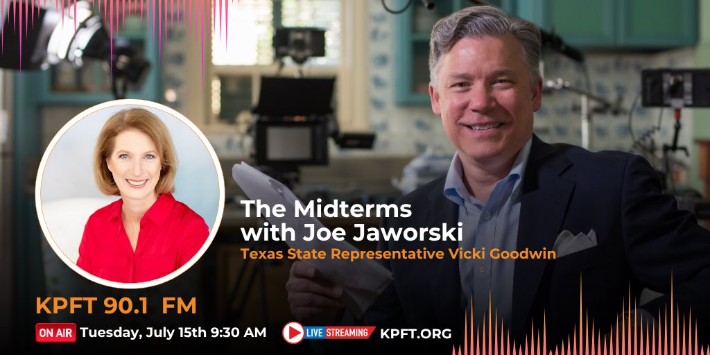 JaworskiForTX's tweet image. The great Rep. Vikki Goodwin - who is running to be our next Lt. Gov. - will be my guest next week on “The Midterms w/ Joe Jaworski.” Tune in live Tuesday July 15 at 9:30am central on KPFT 90.1 FM Houston; 89.5 Galveston and stream live KPFT.org