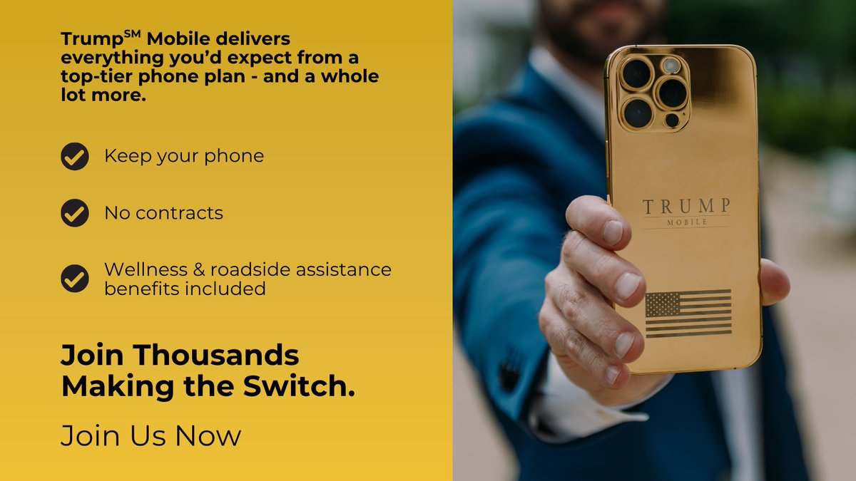 TrumpMobile's tweet image. Trump Mobile gives you fast coverage + telehealth & roadside assistance help for $47.45/mo.
#TrumpMobile #5G #NoContract
📲 Switch now