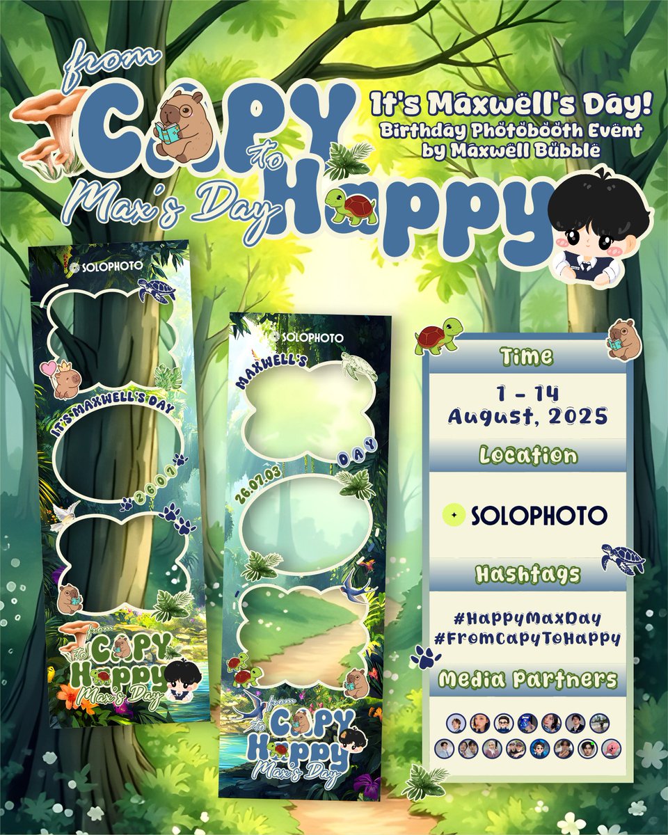 brilliantverse's tweet photo. @maxwell_bbl26 @photomaticsid ᯓ 𝗙𝗿𝗼𝗺 𝗖𝗮𝗽𝘆 𝘁𝗼 𝗵𝗮𝗽𝗽𝘆 - 𝗠𝗮𝘅'𝘀 𝗗𝗮𝘆!♡˖ ࣪⊹
Snap, smile, and celebrate Max’s birthday! 🎉📸

Birthday Photobooth Event by @maxwell_bbl26
📍Solophoto
🗓️ 1 - 14 Agustus 2025

tag us @maxwell_bbl26 and use #HappyMaxDay #FromCapyToHappy 💗 https://t.co/Or3Kt1yB0Y