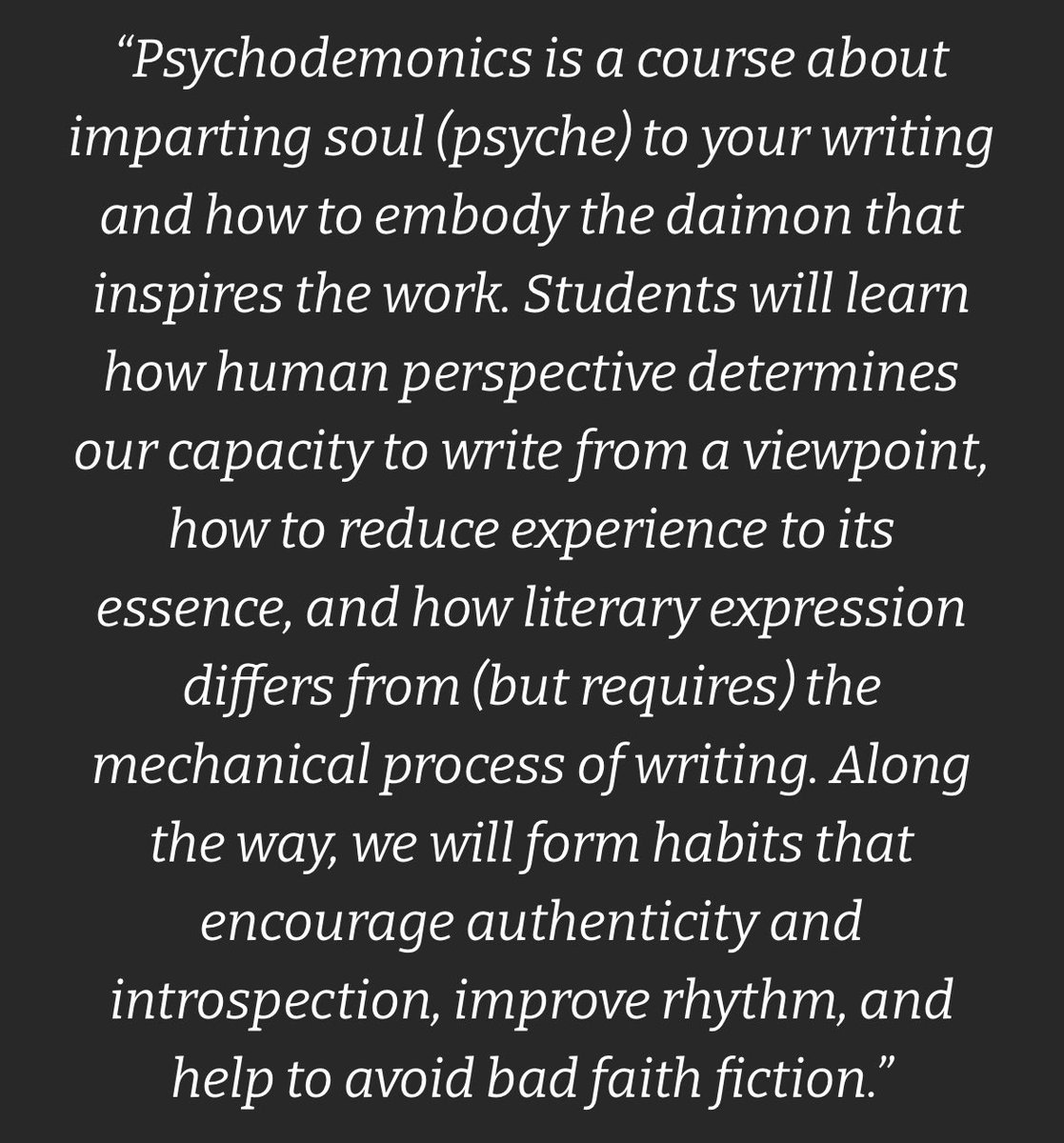 ElsbyCharlene's tweet image. PSYCHODEMONICS is the writing course I would design if I were in charge of a writing course.
Registration at burnt-tongue.net
