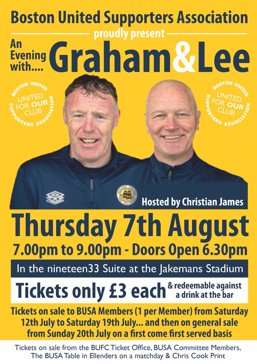 busabufc's tweet image. Join us for an evening with Graham Coughlan and Lee Bullen, hosted by Christian James!
Tickets are £3, but can be redeemed against a drink at the bar in the Nineteen 33 suite. On sale for BUSA members only from Saturday 12th July to Saturday 19th July, and then on general sale…