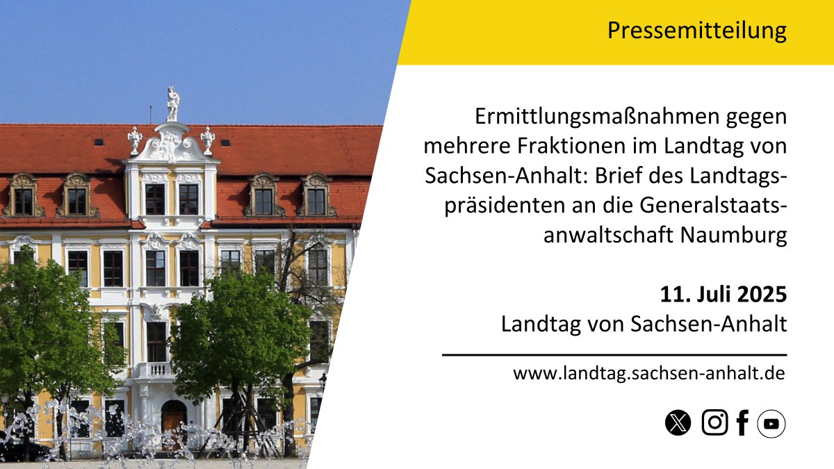 Neuigkeiten aus dem Landtag von #SachsenAnhalt.
Zur Pressemitteilung: tinyurl.com/PMLTPStA

#ltlsa #Durchsuchung #Staatsanwaltschaft #Magdeburg