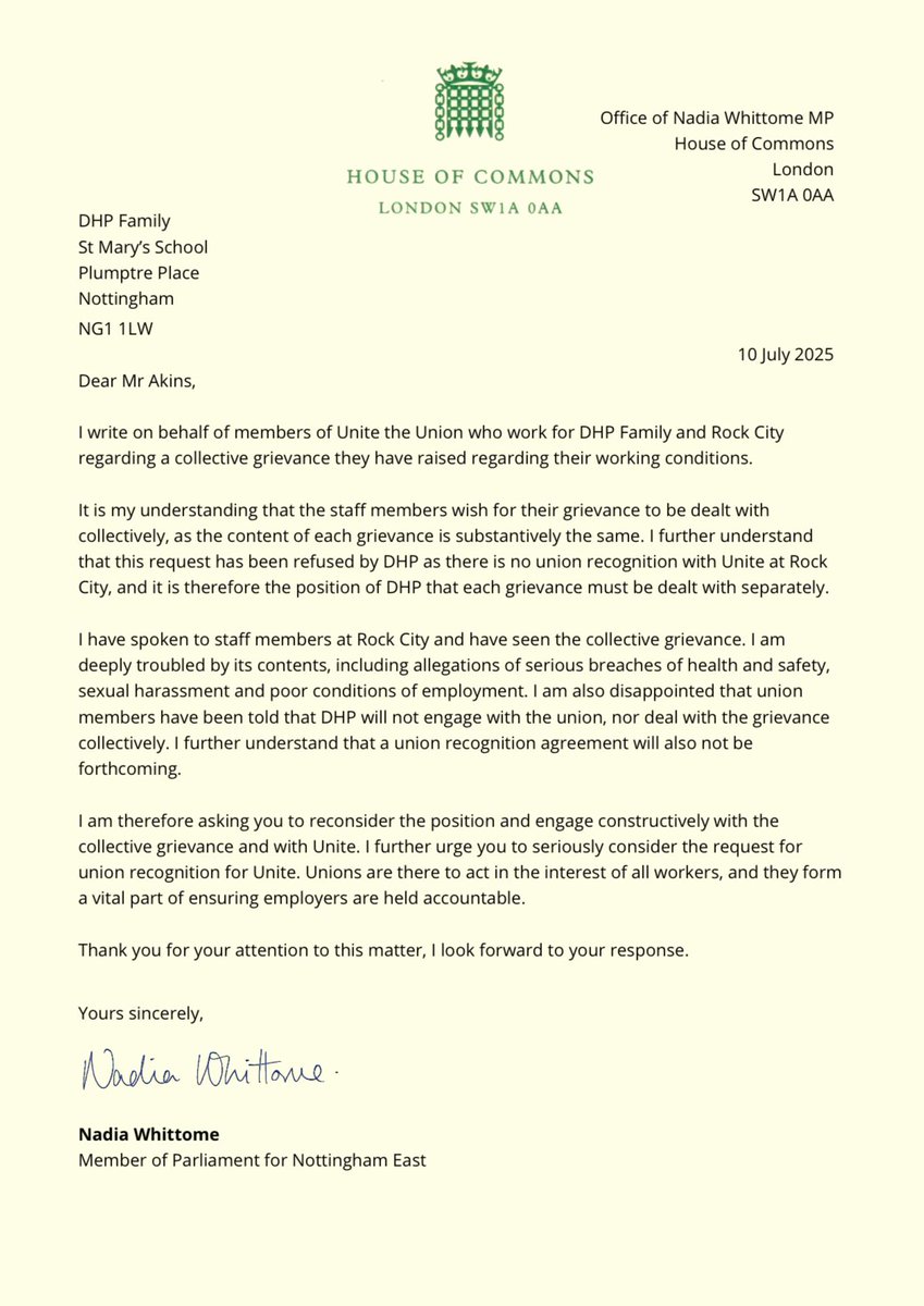 NadiaWhittomeMP's tweet image. Workers at @Rock_City_Notts have raised serious concerns with me about their working conditions.
I've written to their management calling on them to engage with @UniteEastMids.
