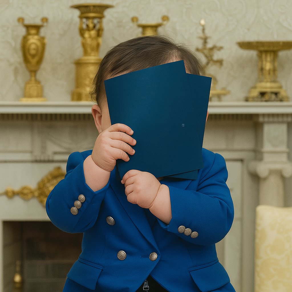 🍼 Baby Gretchen hid behind her binder after the president called her a “great helper.”
Blankie mode: activated. 📚👶
Also blessed a Dorito, snuck to Florida, and survived a teddy bear coup.