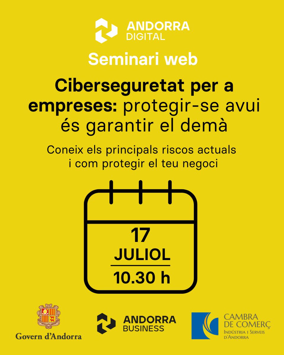 Andorra Digital (@andorra_digital) on Twitter photo 🖥️"Ciberseguretat per a empreses: protegir-se avui és garantir el demà”.
Amb l'<a href="/anc_ad/">ANC-AD / CSIRT-AD</a>, veurem els riscos i farem recomanacions pràctiques per protegir-se de manera efectiva.
📅17/07/25, 10.30 h.
👉n9.cl/txlu8
<a href="/GovernAndorra/">Govern d'Andorra</a> <a href="/AndorraBusiness/">Andorra Business</a> <a href="/cambraandorra/">Cambra de Comerç d'Andorra</a> 🖥️"Ciberseguretat per a empreses: protegir-se avui és garantir el demà”.
Amb l'<a href="/anc_ad/">ANC-AD / CSIRT-AD</a>, veurem els riscos i farem recomanacions pràctiques per protegir-se de manera efectiva.
📅17/07/25, 10.30 h.
👉n9.cl/txlu8
<a href="/GovernAndorra/">Govern d'Andorra</a> <a href="/AndorraBusiness/">Andorra Business</a> <a href="/cambraandorra/">Cambra de Comerç d'Andorra</a>