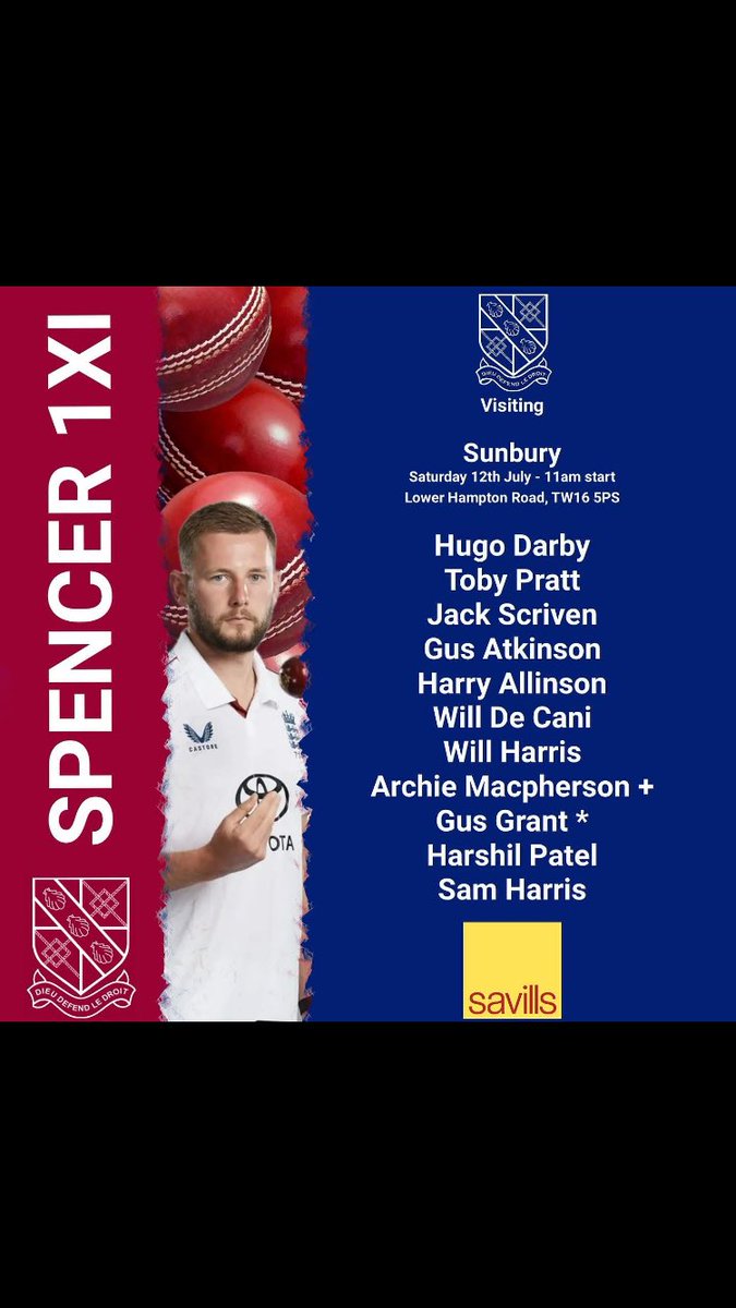 Going with the team sheet early this week! Our last trip to <a href="/SunburyCricket/">Sunbury Cricket Club</a> in 2014 was Gus Atkinson’s 1st XI league debut. So it seems appropriate he is back for his first appearance in a Spencer shirt for 6 years is tomorrow against the same opponents.