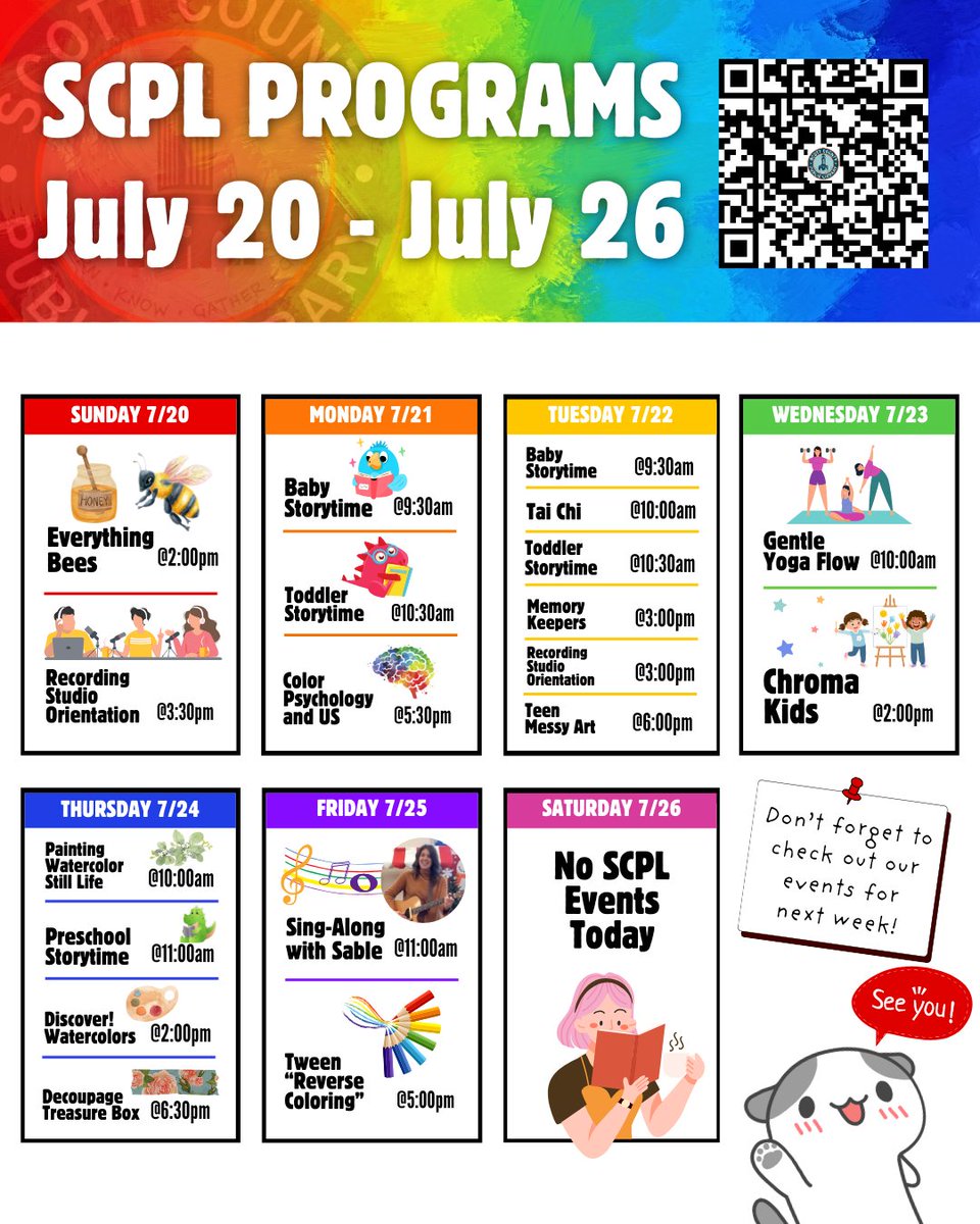 July events at SCPL are going strong!

Explore beekeeping in Everything Bees, master Color Psychology and Us, get creative with Teen Messy Art, learn about the history of watercolor in Discover! Watercolors, and jam out at Sing-Along with Sable.

There’s something for everyone!