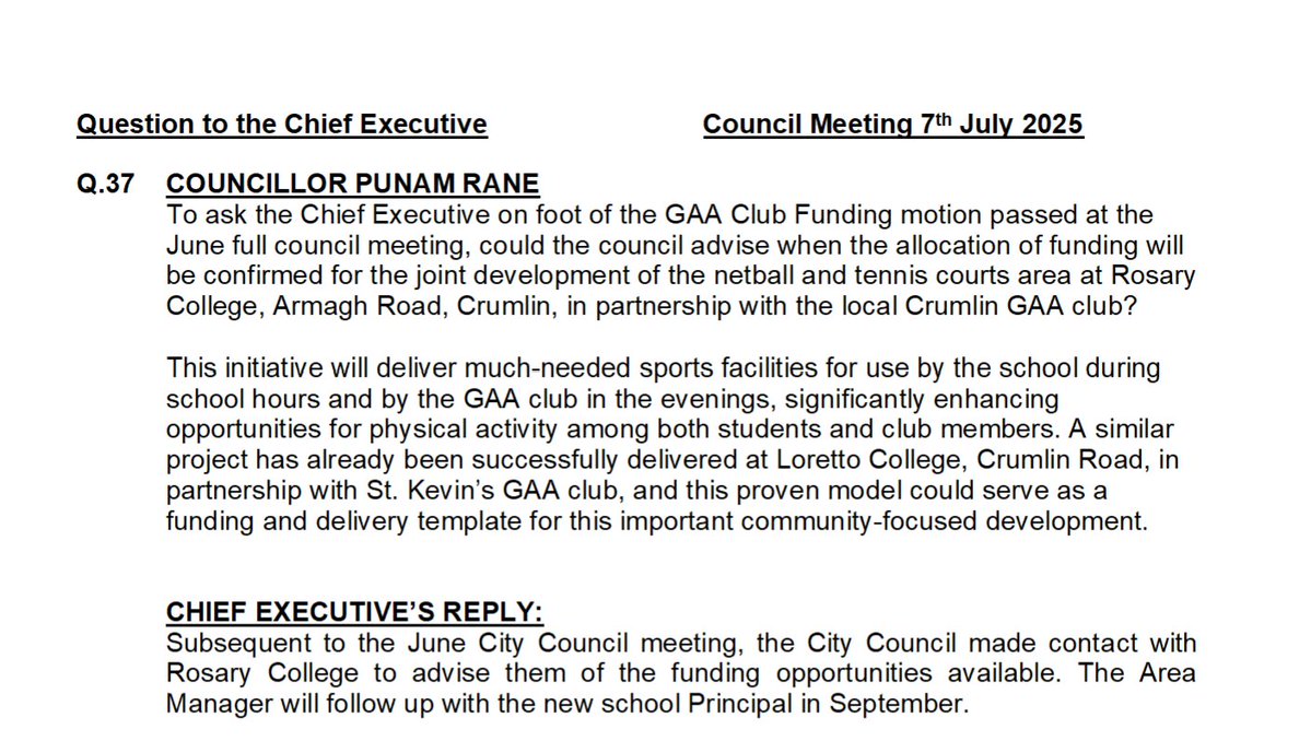 Cllr. Punam Rane-Fine Gael (@punamranefg) on Twitter photo Following my motion in June, <a href="/DubCityCouncil/">Dublin City Council</a> has contacted Rosary College re: funding for joint sports facilities with Crumlin GAA.
A follow-up with the new principal is due in September.
This mirrors the successful model at Loretto College with St. Kevin’s GAA. Progressing Following my motion in June, <a href="/DubCityCouncil/">Dublin City Council</a> has contacted Rosary College re: funding for joint sports facilities with Crumlin GAA.
A follow-up with the new principal is due in September.
This mirrors the successful model at Loretto College with St. Kevin’s GAA. Progressing