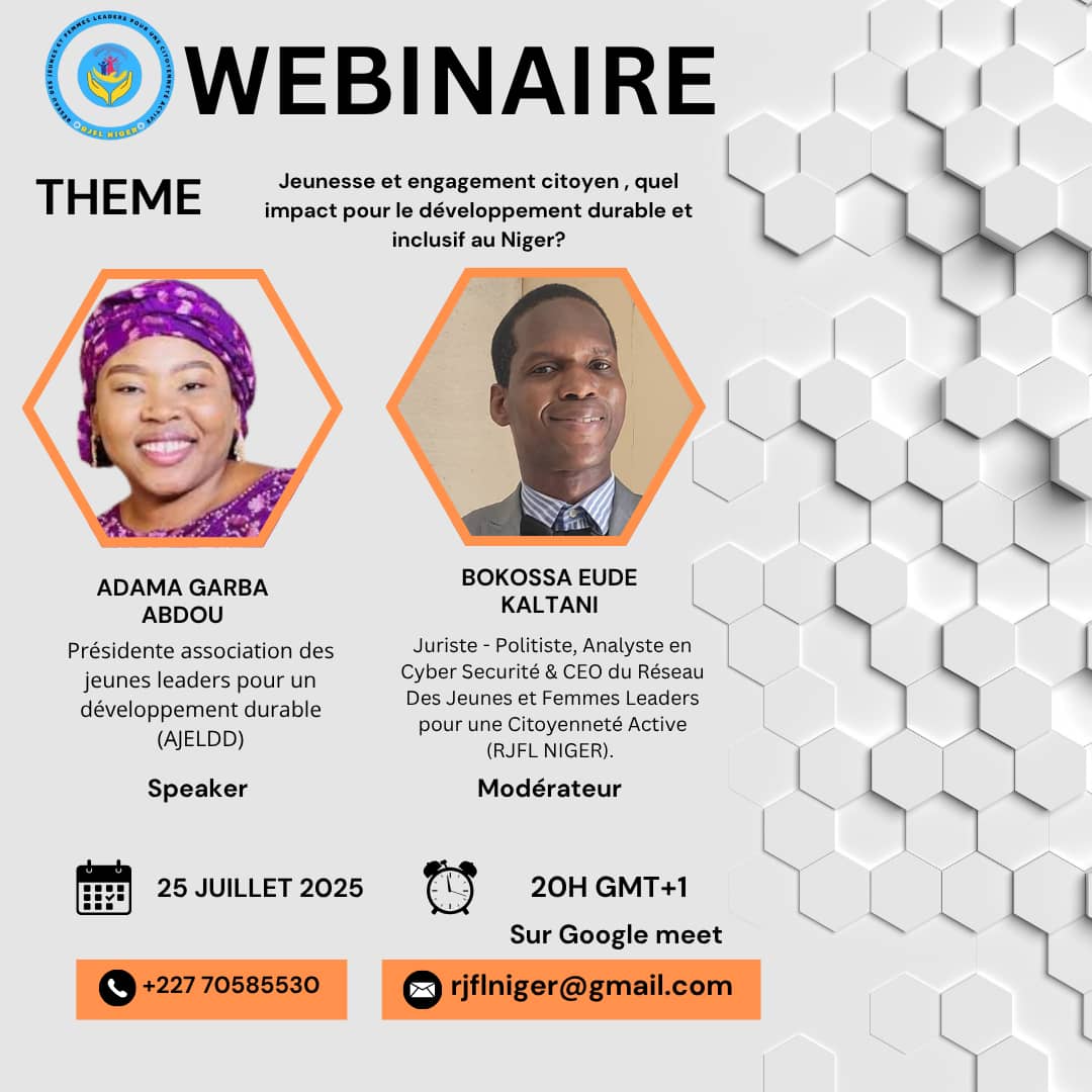 Kaltany (@kaltany) on Twitter photo #Theme: Youth and Civic Engagement: What Impact for Sustainable and Inclusive Development in Niger? 25 Juillet 2025 #Time: 20h - 21h
"We are the Generation of sustainable and inclusive development. #He4She <a href="/NigerRjfl/">RJFL NIGER</a> <a href="/GimacYouth/">Gimac Youth Network</a> <a href="/AGA_Platform/">AGA-APSA Platform</a> <a href="/E4Dca/">Evidence for Democracy</a> <a href="/AU_WGYD/">African Union Women, Gender & Youth Directorate</a> <a href="/acydeai/">African Center for Youth Dev. Education & Advocacy</a> <a href="/PnudNiger/">PNUD Niger</a> #Theme: Youth and Civic Engagement: What Impact for Sustainable and Inclusive Development in Niger? 25 Juillet 2025 #Time: 20h - 21h
"We are the Generation of sustainable and inclusive development. #He4She <a href="/NigerRjfl/">RJFL NIGER</a> <a href="/GimacYouth/">Gimac Youth Network</a> <a href="/AGA_Platform/">AGA-APSA Platform</a> <a href="/E4Dca/">Evidence for Democracy</a> <a href="/AU_WGYD/">African Union Women, Gender & Youth Directorate</a> <a href="/acydeai/">African Center for Youth Dev. Education & Advocacy</a> <a href="/PnudNiger/">PNUD Niger</a>