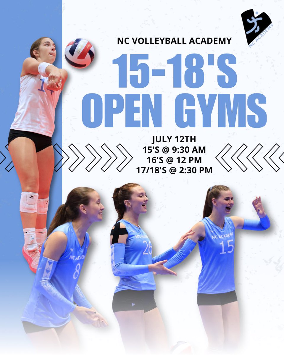 Join us this weekend for our first set of open gyms on Saturday, July 12th for 15-18’s! Come play, meet our coaching staff, and find out #whyncacademy for the 2026 season! 🏐

15’s from 9:30-11 am
16’s from 12-1:30 pm
17-18’s from 2:30-4 pm

#wearencacademy #ncacademyfamily