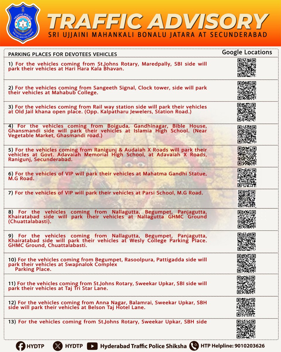 #HYDTPinfo
🚦 #TrafficAdvisory  
In view of Sri Ujjaini Mahankali Bonalu Jatara, traffic restrictions will be in place in Secunderabad from 13th to 15th July 2025. Plan your commute accordingly. 🙏
 #Bonalu2025 #TrafficUpdate