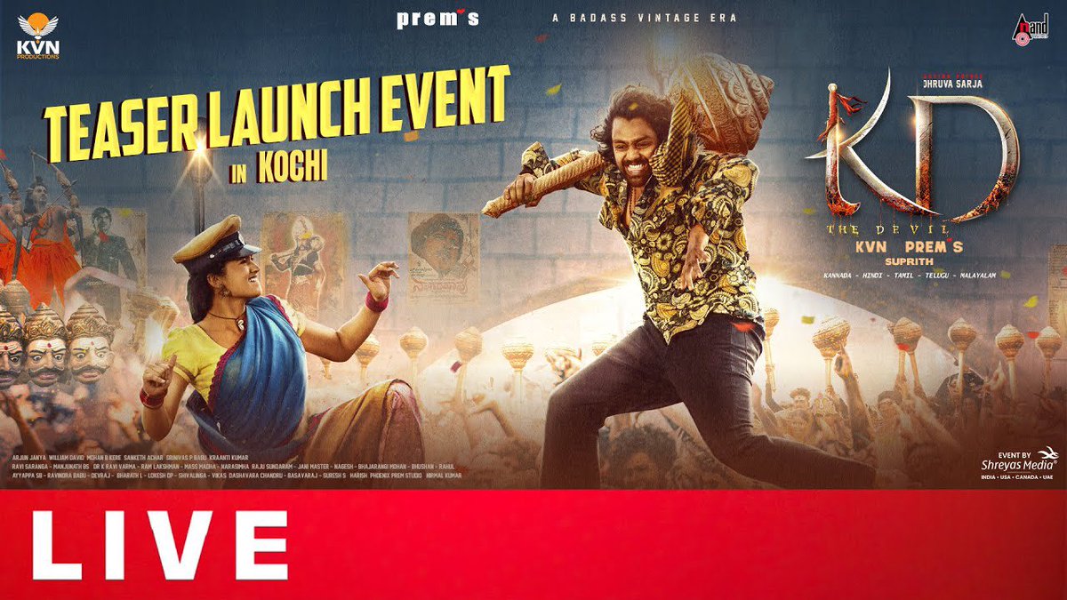 KvnProductions's tweet image. Watch the explosive #KDTeaser Malayalam Launch Event now and feel the mayhem unfold 💥💥
▶️ youtube.com/live/mdNHyLwKu…
#KDTheDevil #KD @DhruvaSarja @directorprems @duttsanjay @Ramesh_aravind #VRavichandran @TheShilpaShetty #NoraFatehi @Reeshmananaiah @ArjunJanyaMusic…