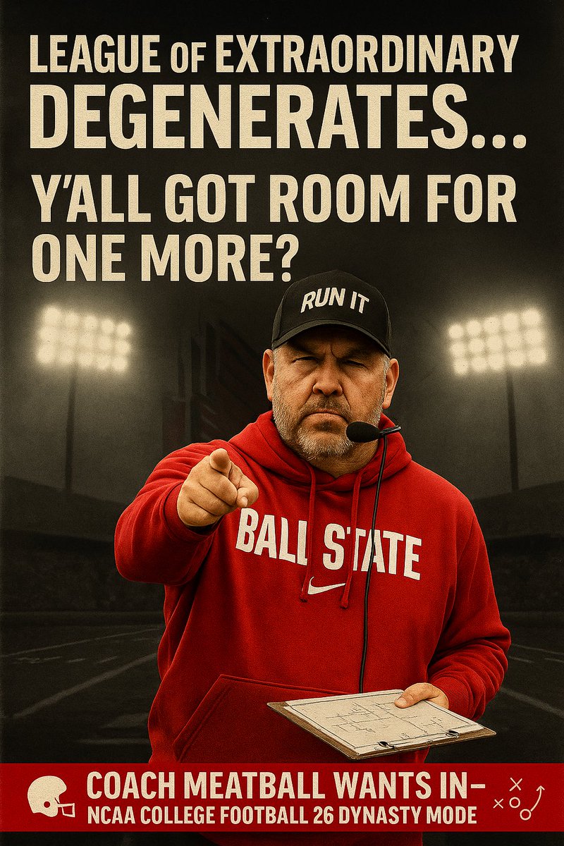 CoachMeatball's tweet photo. @CFB_Degenerates Hey @CFB_Degenerates — y’all got room for one more or what?

I just stiff-armed a Best Buy employee to get a copy of CFB 26, I’ve got 37 custom playbooks saved, and I’m recruiting JUCO punters like they’re 5-star QBs.

Let’s make some digital chaos.
#MeatballEra #CFB26 https://t.co/WfztKVUwYN