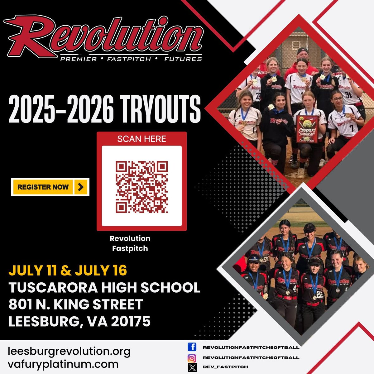 Tryouts continue TONIGHT (7/11) at Tuscarora High School (home of the Class 4 Softball Champion Huskies) - scan QR code or go to leesburgrevolution.org for more information! #revolutionfastpitch #revolutionfutures #revolutionpremier #tryouts #travelsoftball #loudouncounty