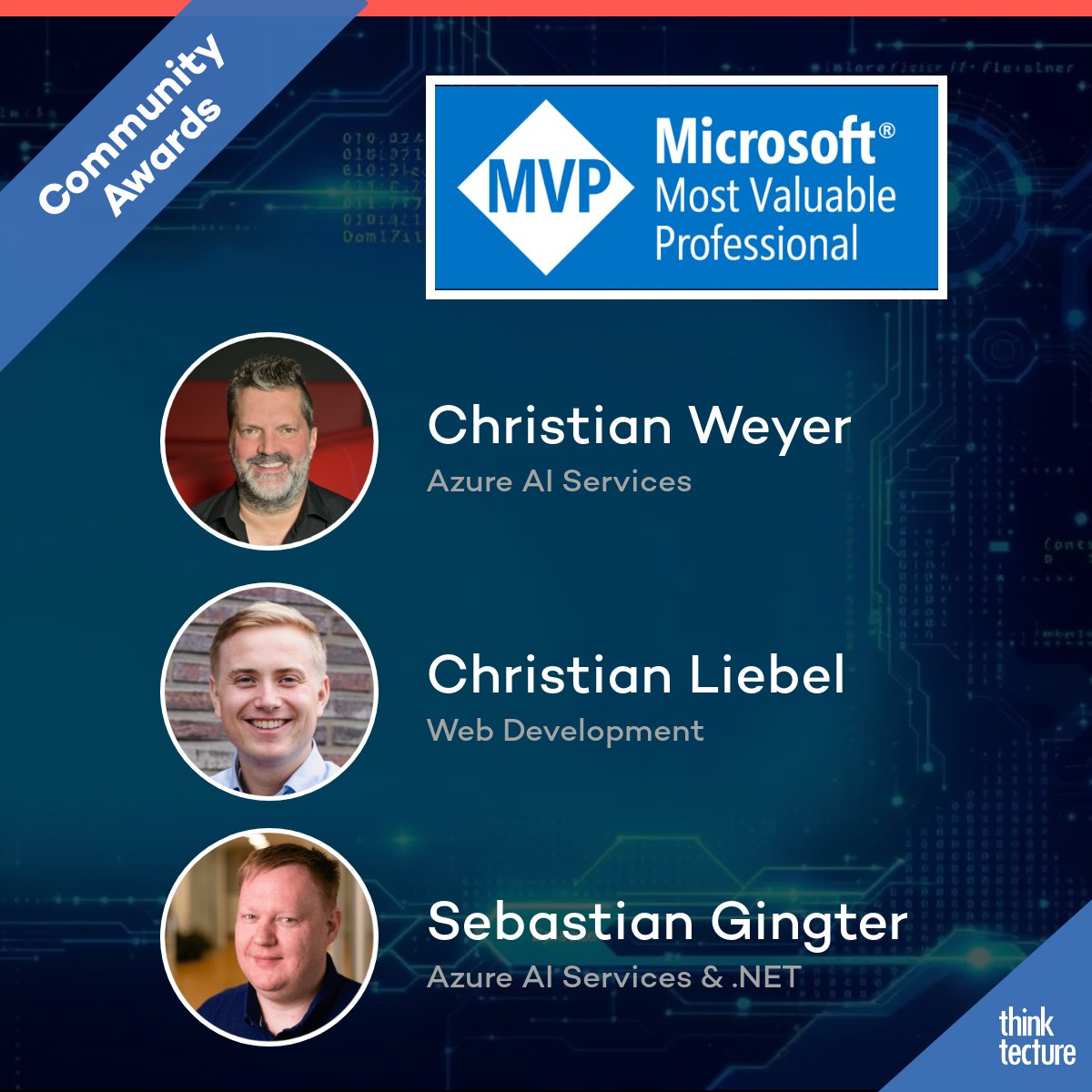 Thinktecture (@thinktecture) on Twitter photo 🚀 Stolz verkünden wir, dass <a href="/christianweyer/">Christian Weyer</a>, <a href="/christianliebel/">Christian Liebel (🦋 @christianliebel.com)</a> & @phoenixhawk erneut mit dem Microsoft MVP Award ausgezeichnet wurden! Ihr Engagement für #AI & #WebDevelopment ist ein wichtiger Teil unseres Wissenstransfers bei Thinktecture.
Herzlichen Glückwunsch! 🎉
#MVPBuzz 🚀 Stolz verkünden wir, dass <a href="/christianweyer/">Christian Weyer</a>, <a href="/christianliebel/">Christian Liebel (🦋 @christianliebel.com)</a> & @phoenixhawk erneut mit dem Microsoft MVP Award ausgezeichnet wurden! Ihr Engagement für #AI & #WebDevelopment ist ein wichtiger Teil unseres Wissenstransfers bei Thinktecture.
Herzlichen Glückwunsch! 🎉
#MVPBuzz