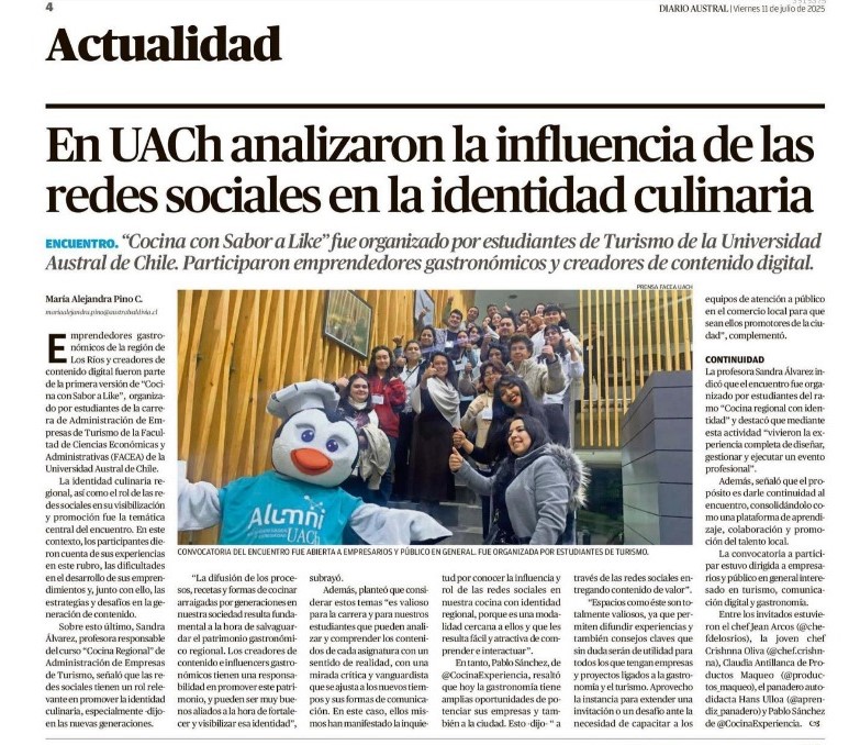 Facea UACh (@faceauach) on Twitter photo El Diario Austral de Los Ríos hoy destaca la realización del encuentro "Cocina con sabor a Like" que organizaron estudiantes de Adm. de Empresas de Turismo junto a emprendedoras y emprendedores gastronómicos de Los Ríos <a href="/UAustraldeChile/">Universidad Austral de Chile</a>
australvaldivia.cl/impresa/2025/0… El Diario Austral de Los Ríos hoy destaca la realización del encuentro "Cocina con sabor a Like" que organizaron estudiantes de Adm. de Empresas de Turismo junto a emprendedoras y emprendedores gastronómicos de Los Ríos <a href="/UAustraldeChile/">Universidad Austral de Chile</a>
australvaldivia.cl/impresa/2025/0…