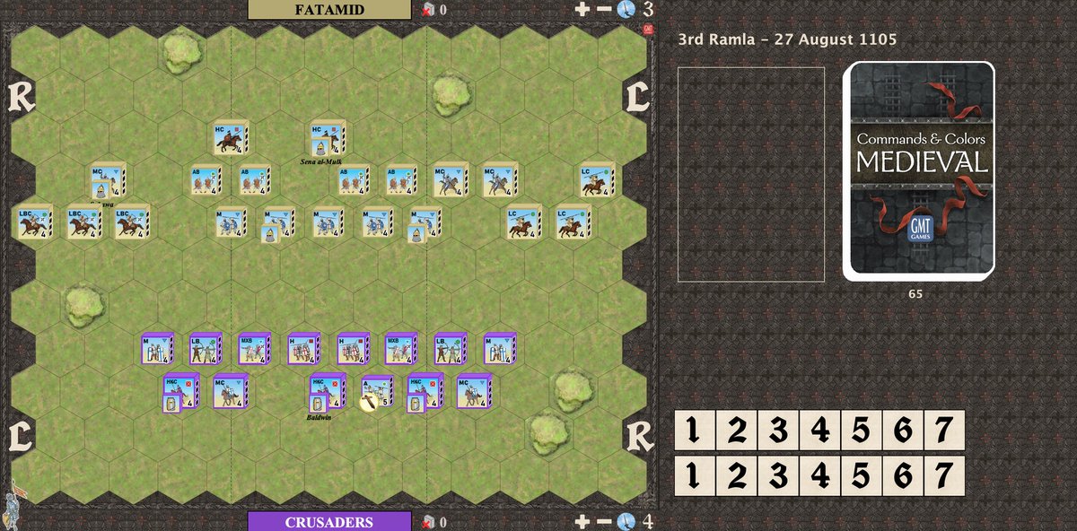 I met George on the road to Ascalon for the 3rd Battle of Ramla in GMT's Command &amp; Colors: Medieval, Crusades expansion.  It's 1105 and my Crusader knights and men-at-arms faced a Fatimid host of light cav and nervous foot, supported by some heavy cav of its own 1/7