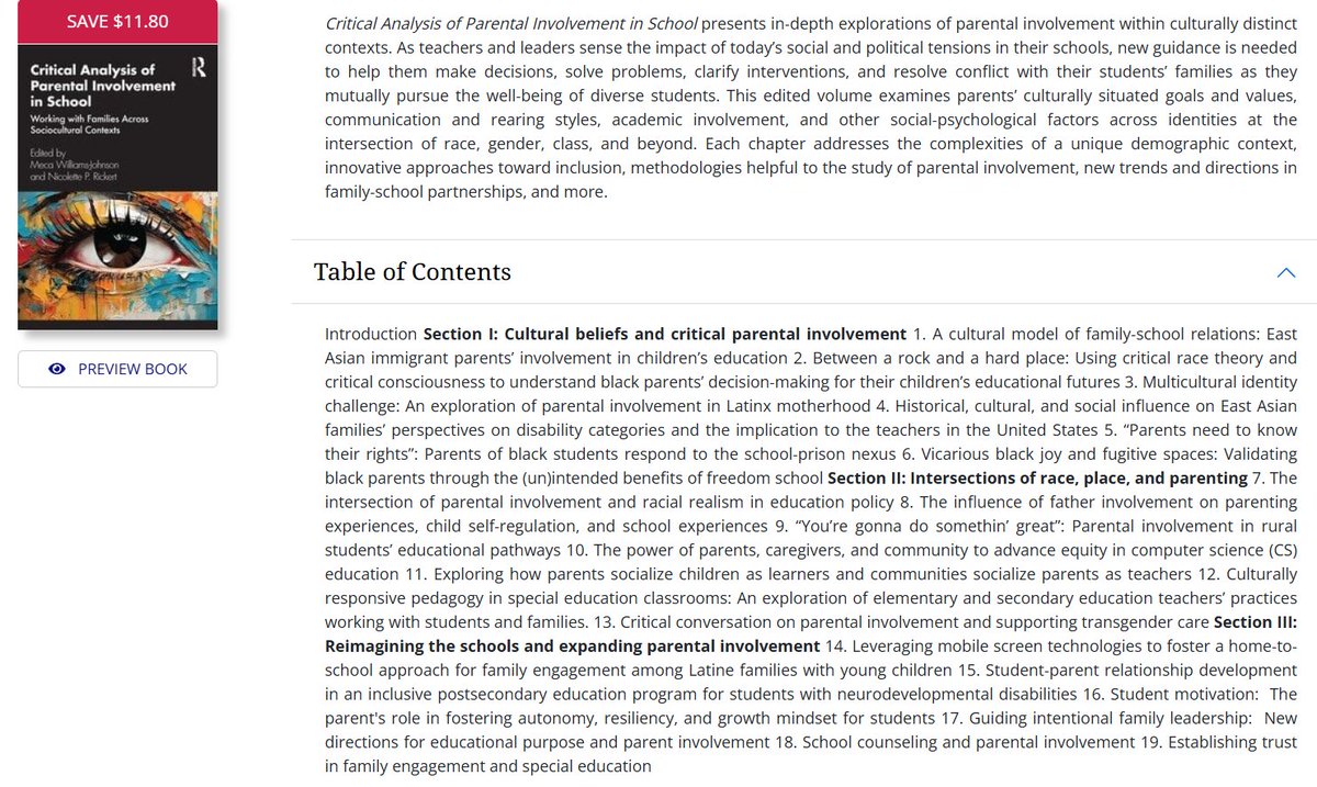 Critical Analysis of Parental Involvement in School is a rich 2025 collection of 19 chapters mainly in the US context routledge.com/Critical-Analy…