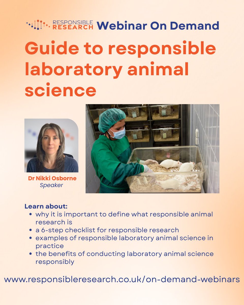Did you miss July’s live webinar? Watch it now on-demand!
🎥 A Guide to Responsible Laboratory Animal Science
Dr Nikki Osborne shares a 6-step checklist for responsible research + practical tips &amp; resources.
🔗 responsibleresearch.co.uk/event-details/…

#AnimalResearch #3Rs #EthicalScience